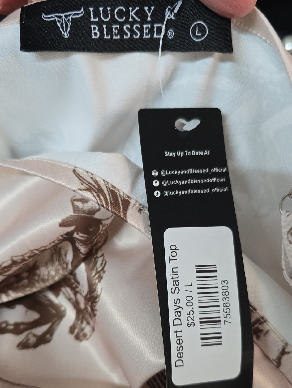 Lucky & Blessed NWT Satin Western Dessert Days Satin Top Cream and Brown - Picture 5 of 5